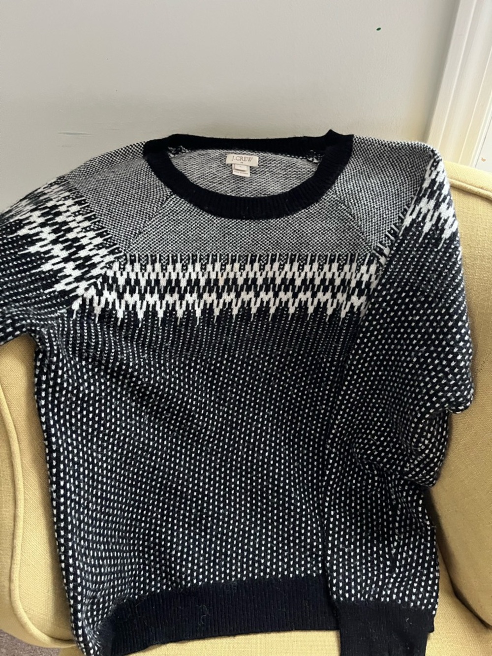 J. Crew Navy and White Mixed-Knit Crewneck Winter Sweater
